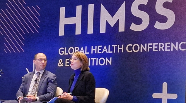 Tom Leary, senior vice president and head of government relations at HIMSS, and Janet Hamilton, executive director, CSTE, at the HIMSS25 conference in Las Vegas Monday.