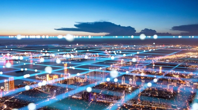 CGI grid overlaid on a cityscape