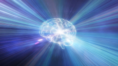 Digital image of a brain with light beams that represents generative AI