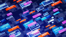 The letters AI in a cartoon bubble, repeated on a screen with other graphic boxes