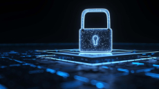 motherboard with lock in blue light representing cybersecurity
