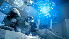 Surgeons working with digital overlay