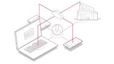 Cloud and person icons connected to laptop, smart devices, and hospital