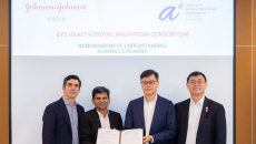 [Left to Right] Peter Menziuso, Company Group Chairman, Johnson & Johnson Vision;  Vaibhav Saran, VP for Vision Care, Johnson & Johnson Vision APAC; Dr Su Yi,  Executive Director of A*STAR Institute of High Performance Computing; Tan  Sze Wee, Assistant Chief Executive of Enterprise, A*STAR