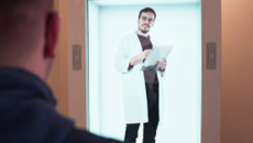 Male doctor appears in a 3D hologram display with a patient in the foreground