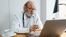 A doctor performing a telehealth consultation