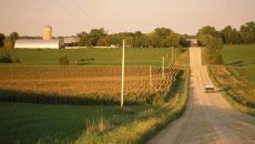 Rural road goes by farm