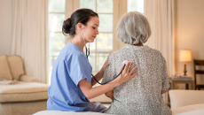 A nurse listening to an elderly patient's chest sounds