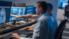 Workers looking at an xray image on a monitor