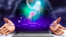CGI image of open hands around a laptop with words related to AI hovering in front