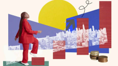 Person in red suit stepping up in a bar graph