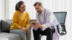Doctor showing tablet to patient