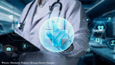 Doctor pointing to CGI medical logo