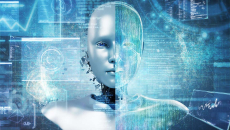 Digital image of a robot surrounded by data screen projections