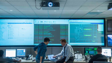 Workers looking at a laptop with computer code displayed on a big screen behind them