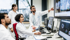 Healthcare workers looking at a medical image on a monitor