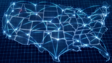 Map of U.S. shows health information data exchange points in blue fiber optic light