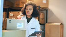 A pharmacist using a digital tablet while doing inventory in the pharmacy stockroom