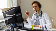 Doctor conducting telehealth appointment with headset