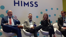 Moderator Rob Havasy, Brandon Neiswender, Ryan Argentieri and Tim Pletcher dicsuss interoperability at HIMSS23 in Chicago on Monday.
