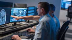 Healthcare workers looking at X-ray on computer monitor