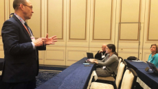 Tom Leary, senior vice president and head of Government Relations at HIMSS, talks to reporters during HIMSS25.