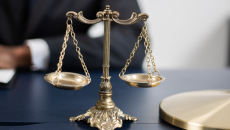 Justice scale on a judge's bench