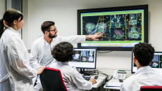 Healthcare professionals examine a screen image