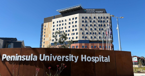 Facade of the redeveloped Peninsula University Hospital in Frankston, Melbourne