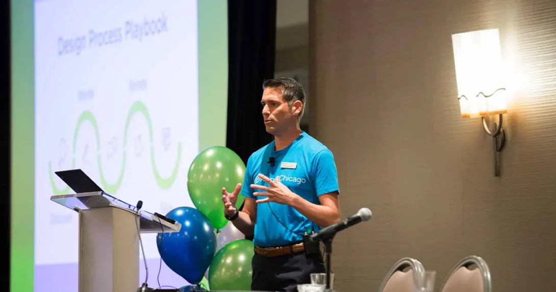 Andrew Hamilton, RN, of AllianceChicago speaking at a conference