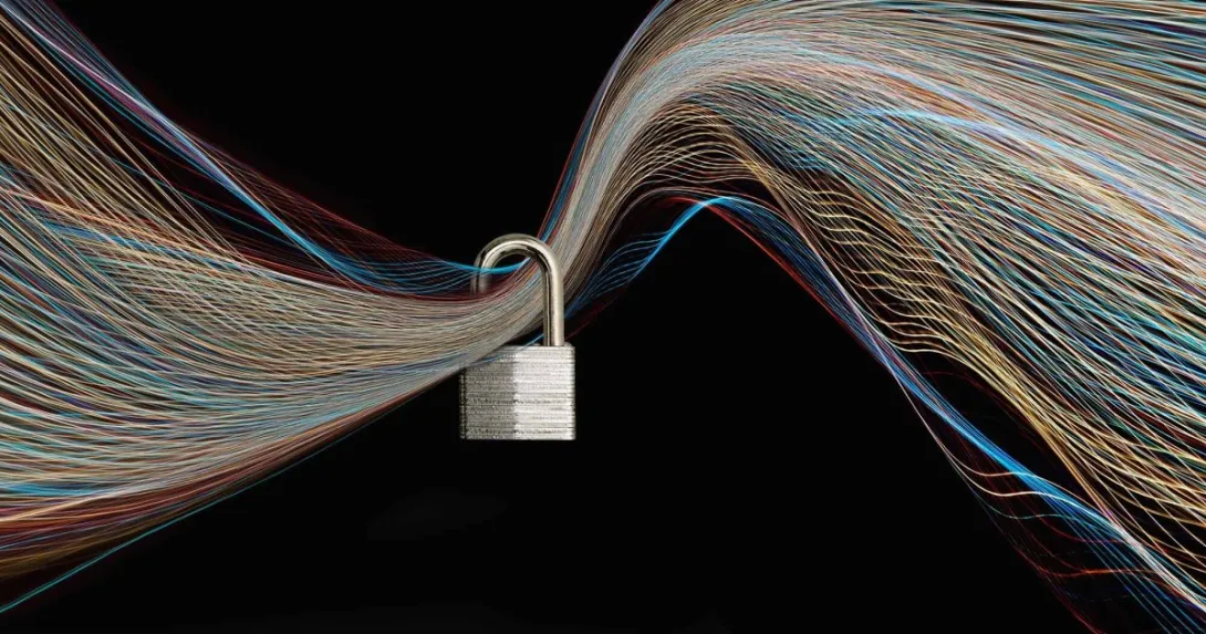 Lock around various fiberoptic wires signifying numerous IoT connections