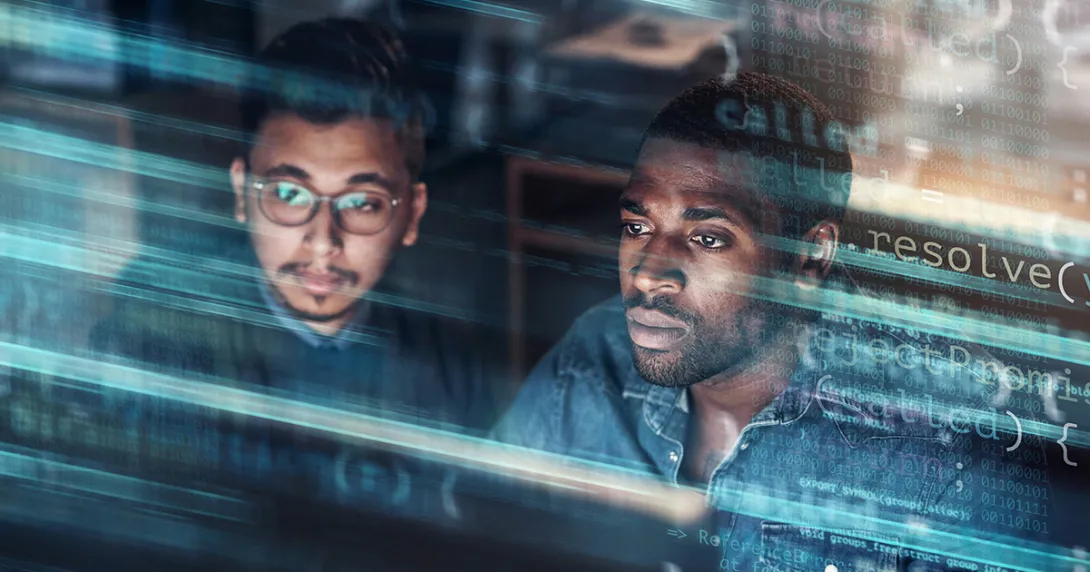 AI developers troubleshoot an algorithm Two information workers with abstract of data