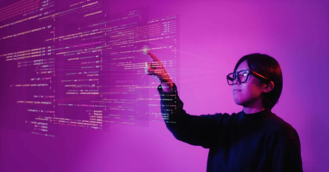 Person with digital screen in front