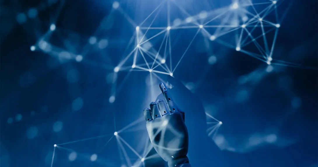 A robotic hand reaches into lights that represent data points.
