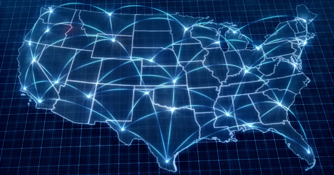 Points on a US map connected with curved lines