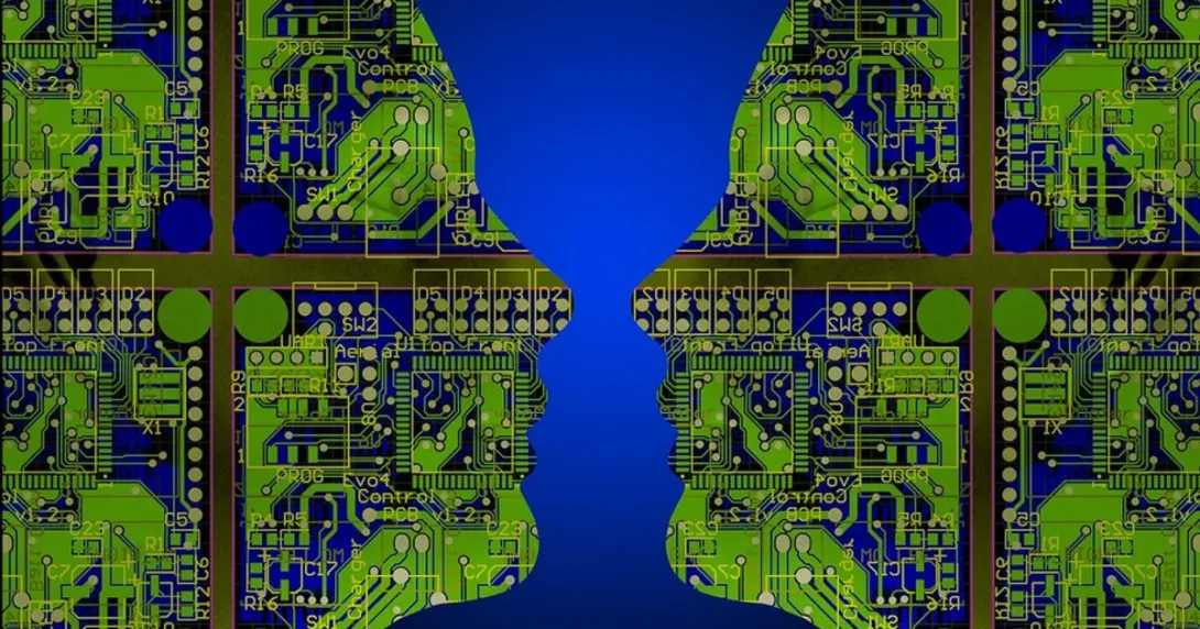 Two faces with computer chips inside look at each other