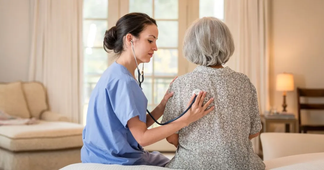 A nurse checking on a senior patient's lung sounds
