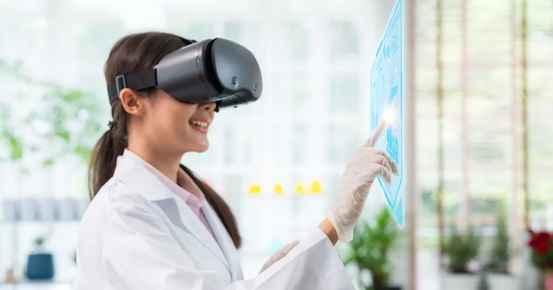 A researcher wearing virtual reality glasses, pointing to a virtual screen