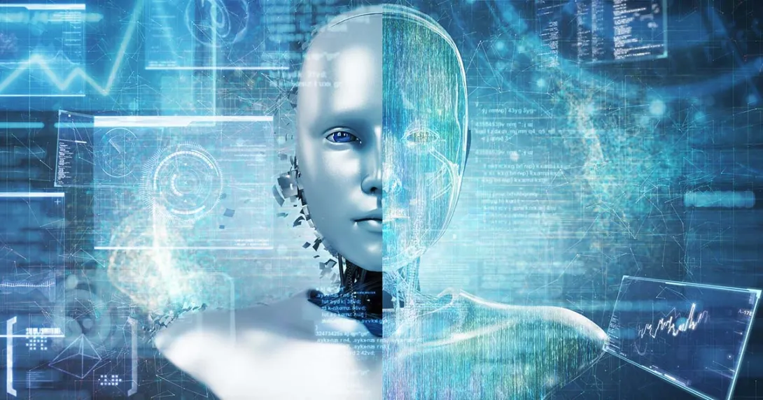 Digital image of a robot surrounded by data screen projections