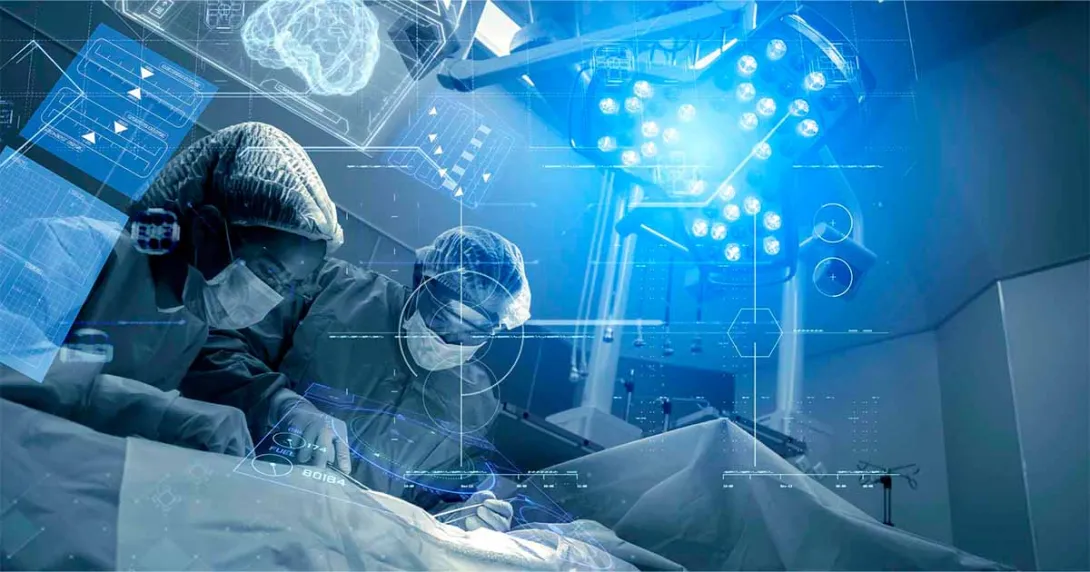 View of a surgery with superimposed digital information about the patient