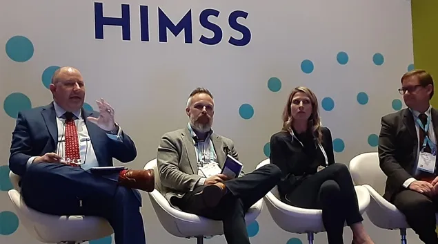 Moderator Rob Havasy, Brandon Neiswender, Ryan Argentieri and Tim Pletcher dicsuss interoperability at HIMSS23 in Chicago on Monday.