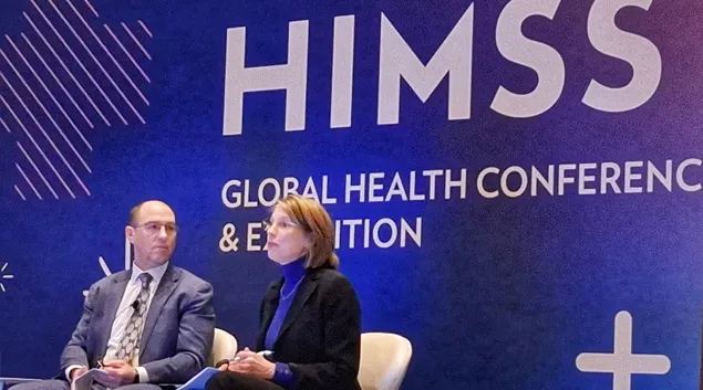 Tom Leary, senior vice president and head of government relations at HIMSS, and Janet Hamilton, executive director, CSTE, at the HIMSS25 conference in Las Vegas Monday.