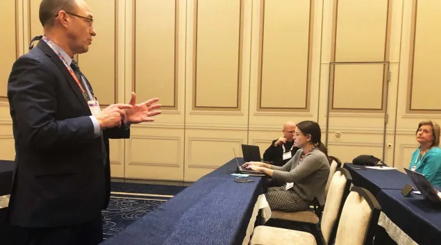 Tom Leary, senior vice president and head of Government Relations at HIMSS, talks to reporters during HIMSS25.