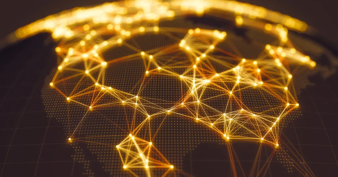 An abstract network on a map of North America