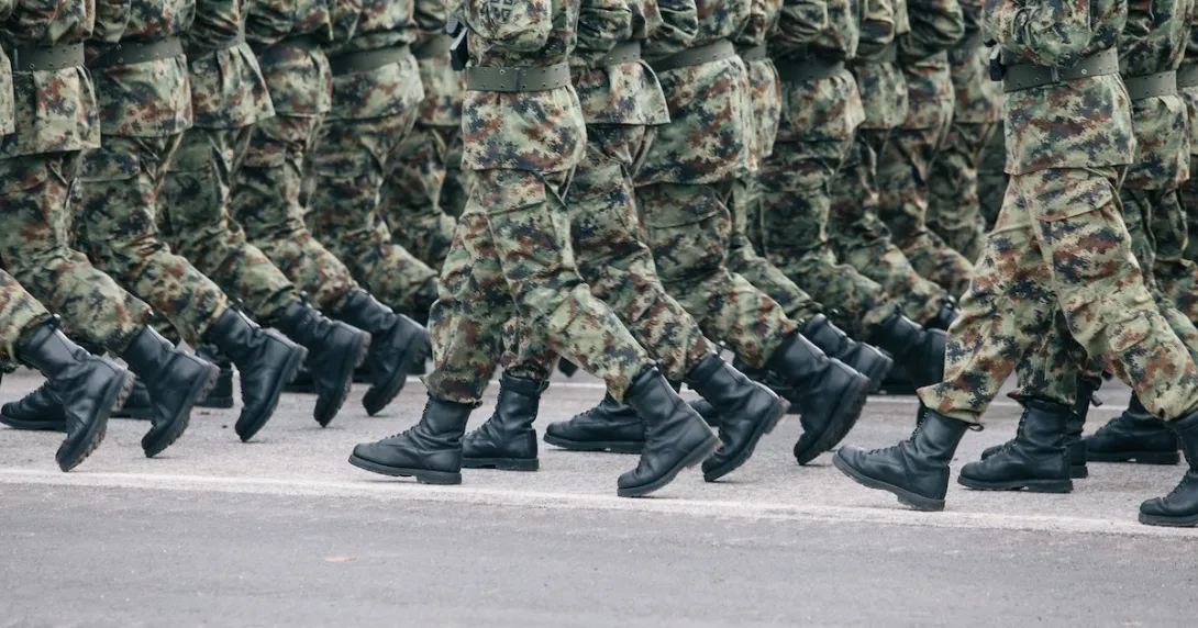 Soldiers in army camouflage walking in formation