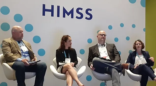 Moderator Michael Marchant, Evelyn Gallego, Ammon Fillmore and Melissa Soliz talk about interoperability and health equity at HIMSS23 in Chicago Monday.