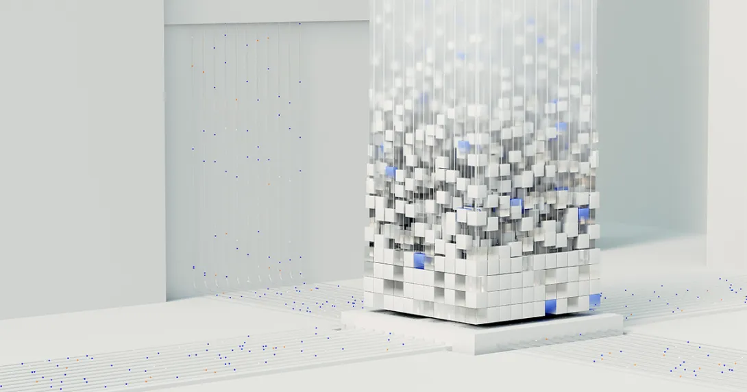 artist's take on AI represented by Tetrix-like cubes in a 3D tower