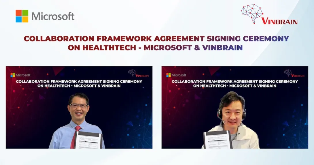Officials from Microsoft and VinBrain during their virtual signing of a health tech collaboration framework agreement